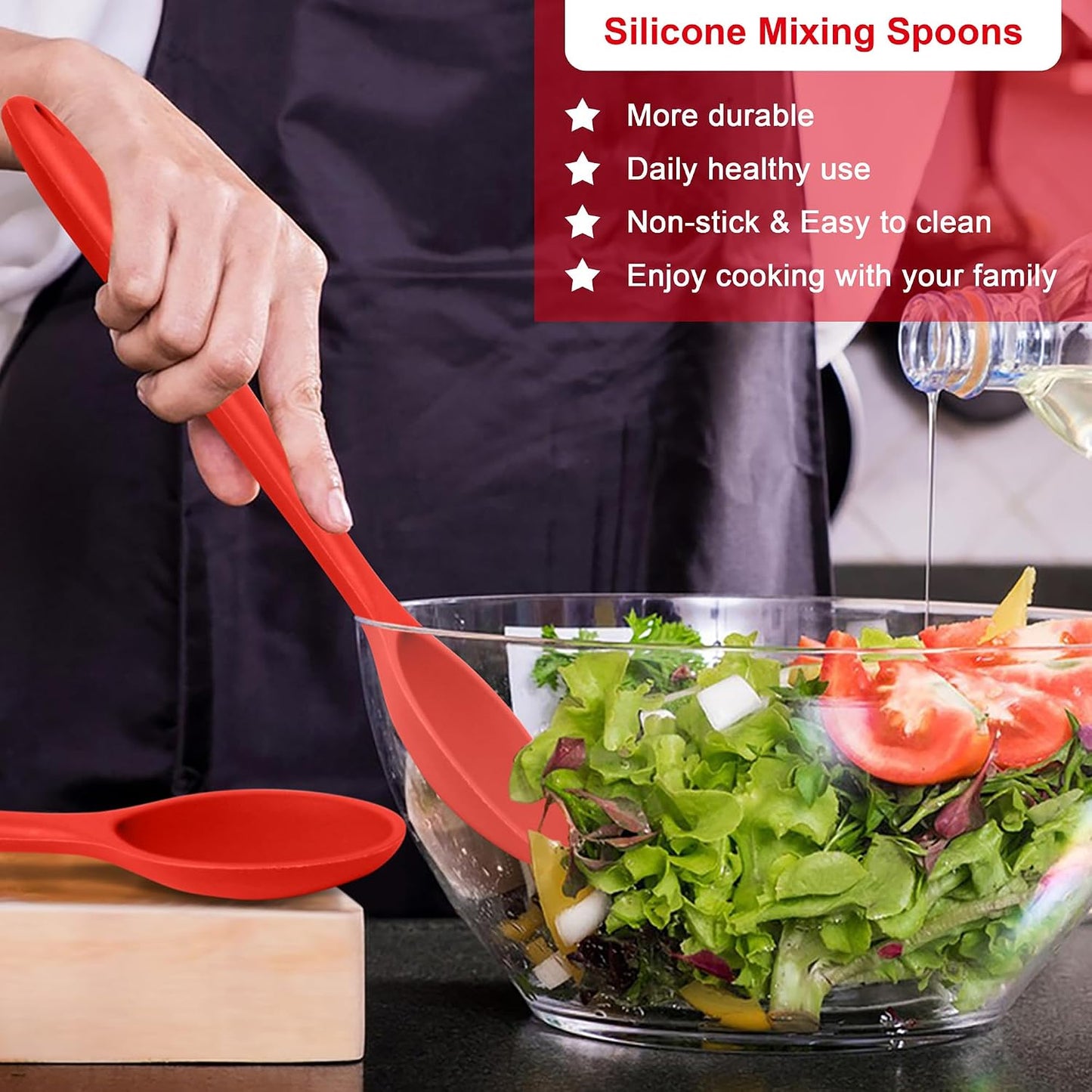 E-far Silicone Cooking Spoon Set of 2, Heat Resistant Kitchen Spoons Utensils Nonstick Mixing Spoon for Baking Stirring Serving, Non-Toxic & Dishwasher Safe (Black)