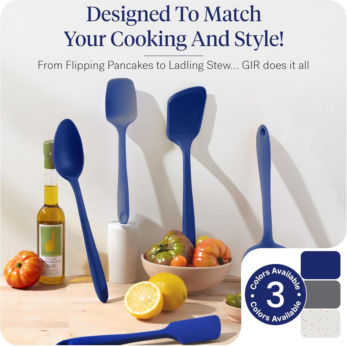 GIR 5-Piece Silicone Kitchen Utensils Set, Non-Toxic Cooking Utensils for Cooking and Baking, Heat Resistant, Food Grade, Dishwasher Safe Rubber Spatula, Ladle, Spoon - Charcoal
