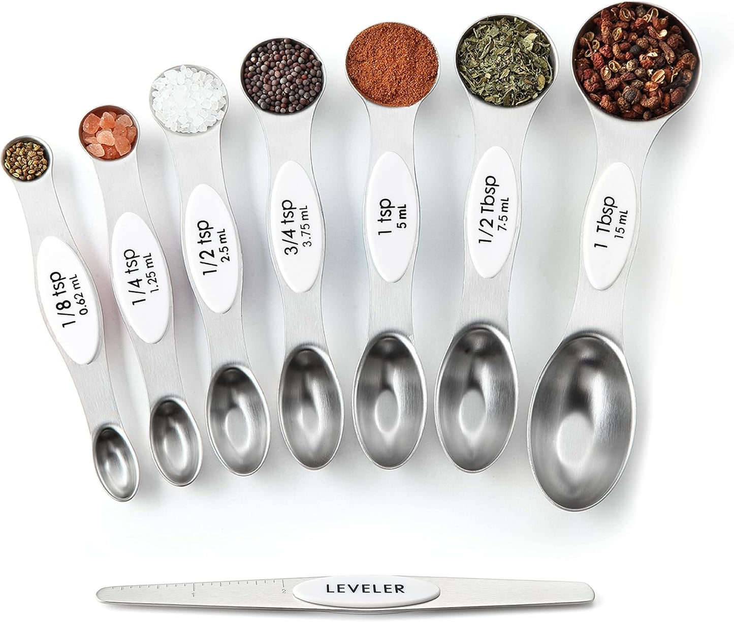 Spring Chef Stainless Steel Magnetic Measuring Spoons Set with Strong N45 Magnets, Heavy Duty Metal Kitchen Gadgets for Baking & Cooking, Fits in Most Kitchen Spice Jars, Set of 8 with Leveler, Black