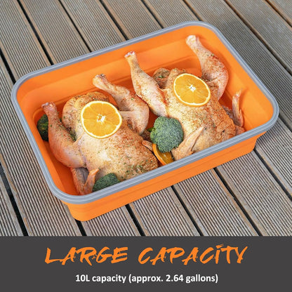 XL Collapsible Marinating Container,Large-Capacity Grill Accessory Perfect For Bbqs And Parties,Marinade And Brining Prep, Collapsible Silicone Food Storage Containers Set With Lid(10L/2.64Gallon)
