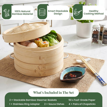 Bamboo Steamer Basket Set, 10 Inch 2-Tier Steamer with Stainless Steel Ring, Chopsticks, Sauce Dishes & 50 Paper Liners