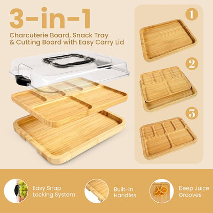 Charcuterie Board with Lid 3-in-1, Portable Bamboo Serving Tray with Lid & Removable Snack Tray for Cheese, Fruit, Food - Covered Cheese Platter for Picnic, Travel, Ready-to-Gift