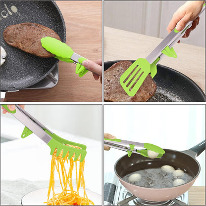 4in1 Stainless Steel Kitchen Food Tongs Set for Cooking with Silicone Tips, Toaster Steak Pie Pizza Pasta Spaghetti Noodles Salad Fruit Vegetable Grill BBQ Buffet Clamp Serving Tools Gadgets