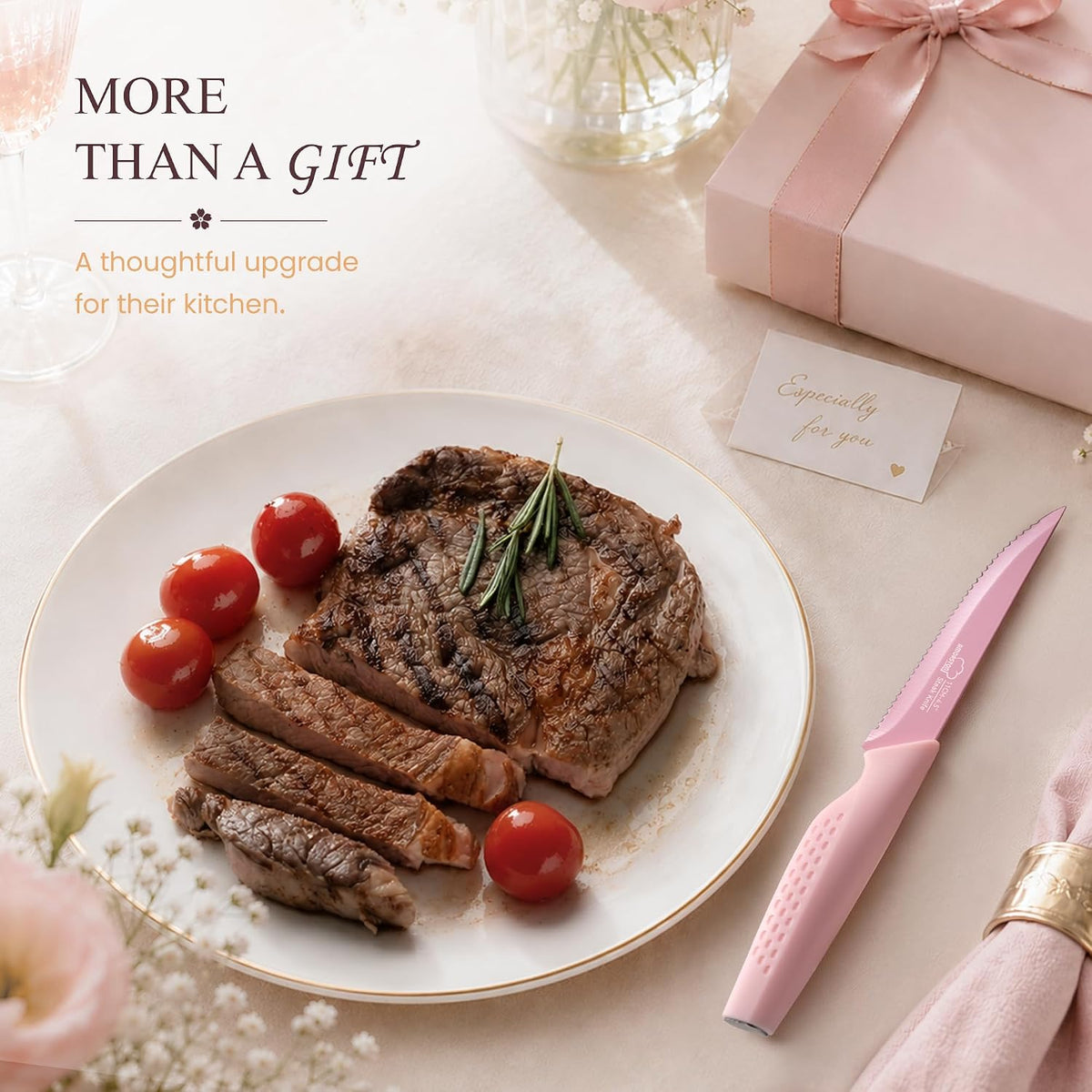 Amorston Steak Knives, Steak Knives Set of 8, Stainless Steel Steak Knife Set, Serrated Knives Dishwasher Safe, Elegant Black Mothers Day Gifts for Women