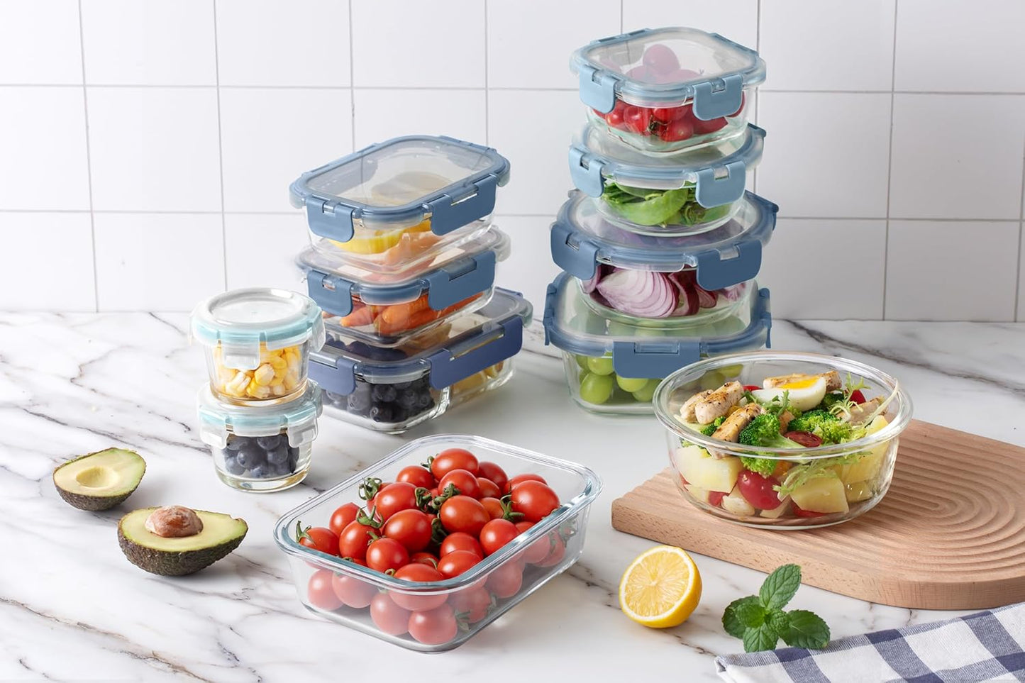 COOK WITH COLOR Premium 32-Pc. Borosilicate Glass Food Container Set with Dividers - 4 Rectangles, 8 Rounds, 4 Squares - Leakproof Lids - Meal Prep, Storage, Grey