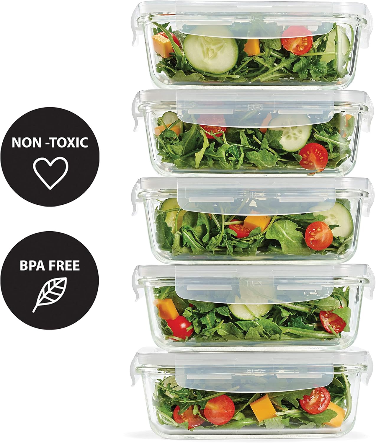 Fit & Fresh Divided, 5-Pack, Two Compartments, Set of 5 Containers with Locking Lids, Glass Storage, Meal Prep Containers with Airtight Seal, 27 oz.