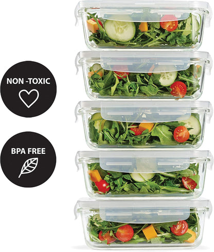 Fit & Fresh Divided, 5-Pack, Two Compartments, Set of 5 Containers with Locking Lids, Glass Storage, Meal Prep Containers with Airtight Seal, 27 oz.