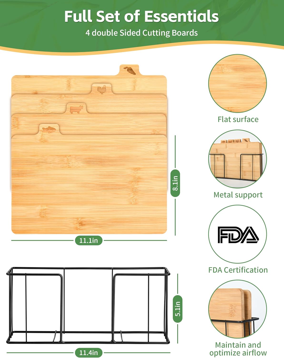 Bamboo Cutting Board Set with Meatal Stand, Lexda 4PCS Eco-Friendly Labeled Tabs Cutting Board, Durable Kitchen Cutting Boards For Chopping Fruit, Meat, Cheese, Veggies - 11" x 8"