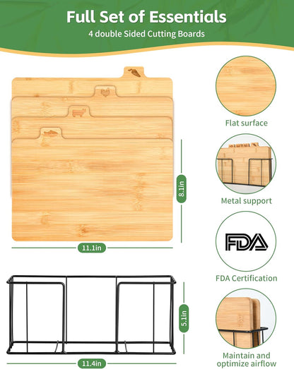 Bamboo Cutting Board Set with Meatal Stand, Lexda 4PCS Eco-Friendly Labeled Tabs Cutting Board, Durable Kitchen Cutting Boards For Chopping Fruit, Meat, Cheese, Veggies - 11" x 8"