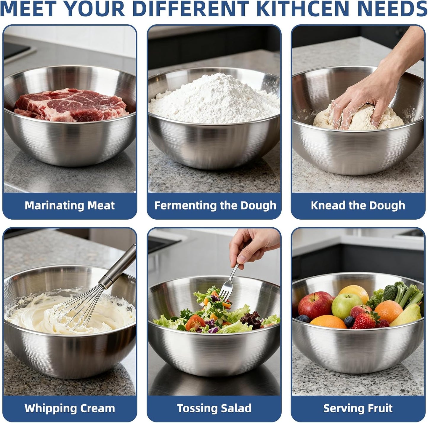 3-Piece Stainless Steel Mixing Bowls (7.1") Metal Bowl Set with Measurement Marks, Dishwasher Safe & Stackable - Perfect for Baking, Salad Making, Meal Prep and Kitchen Use