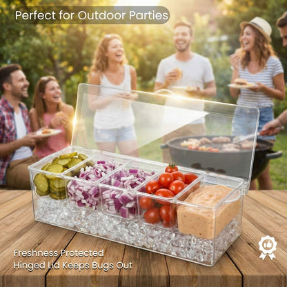 Ice Chilled Condiment Server with Lids – Includes 19 Serving Accessories (Tongs, Spoons, Forks) – 5 Compartment Fruit & Veggie Tray for Parties, Taco Bar, Picnics & Outdoor Entertaining