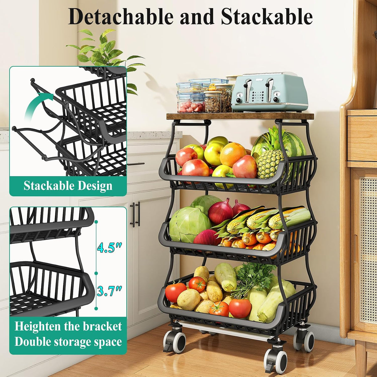 SAYZH Fruit Basket Kitchen Pantry Organizers and Storage - Wooden Top Table, Stackable Metal Wire Basket Stand Cart for Fruit Vegetable Snacks Onion Potato Organization (Black, 5 Tiers)