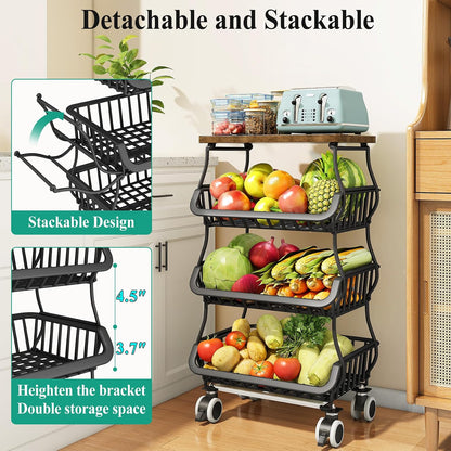 SAYZH Fruit Basket Kitchen Pantry Organizers and Storage - Wooden Top Table, Stackable Metal Wire Basket Stand Cart for Fruit Vegetable Snacks Onion Potato Organization (Black, 5 Tiers)