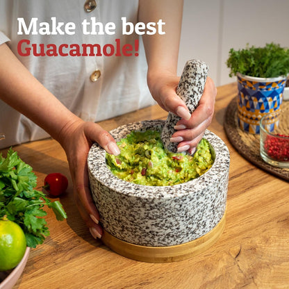 PriorityChef Heavy Duty Mortar and Pestle Set with Bamboo Base, 100% Natural Granite Stone Grinder, Guacamole Bowl and Masher, 1.5 Cups, Black