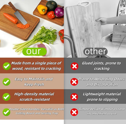 Solid Teak Wood Cutting Board Set One Piece Non Glued Large Thick Crack Resistant Wooden Chopping Board with DeepJuice Grooves Built in Handles for Kitchen Meat Bread 15x10.2IN &11.8 * 7.9IN