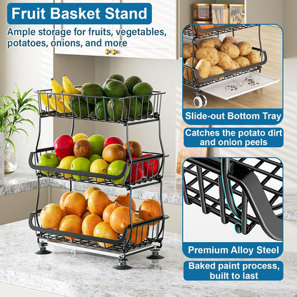 OKZEST 3-Tier Rolling Pantry Floor Organizer and Storage Cart with Wheels, Stackable Wire Pantry Baskets for Pantry Shelves, Kitchen Storage Rack and Fruit Basket Stand for Fruit Snack Onion Potato