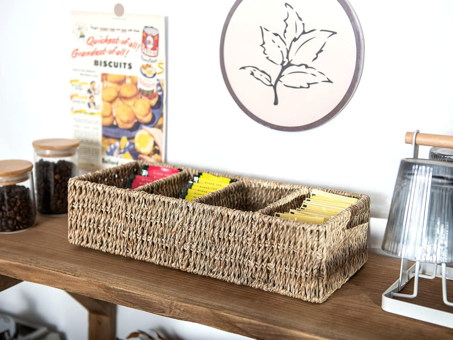 StorageWorks Small Wicker Basket for Organizing with 4-Section, Natural Water Hyacinth Storage Baskets with Dividers for Pantry Shelves, 2-Pack