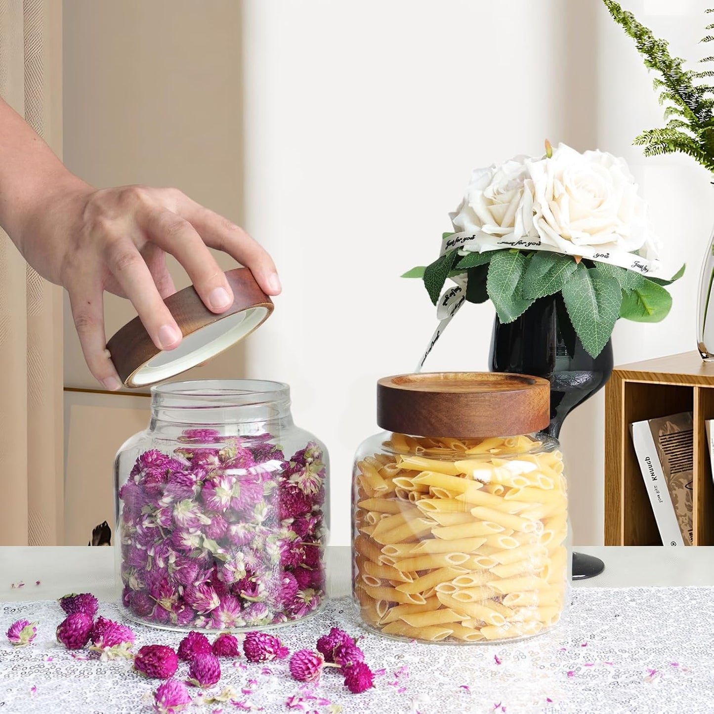 6 pc Glass Spice jars Glass Jars with Screw Lid 5 oz Acacia Wood Glass Herb Sugar Coffee Bean Ground Container Food Storage Canister for Candy Pantry Tea Seasoning Meal Prep Snack (6*150ml(5oz))
