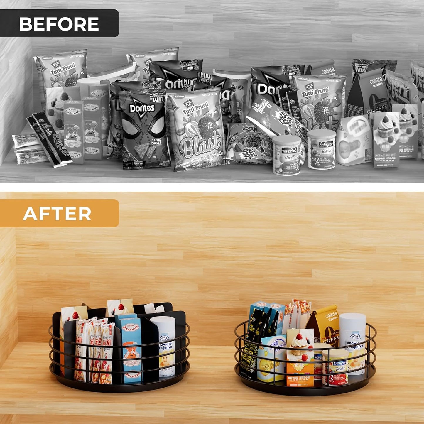 Snack Organizer - Versatile Snack Storage 2 Tier Lazy Susan with Convenient Grab-and-Go Design, Metal Snack Holder for Home, Office, Breakroom, 11.85" L x 11.85" W x 13.3" H (Matte Black)