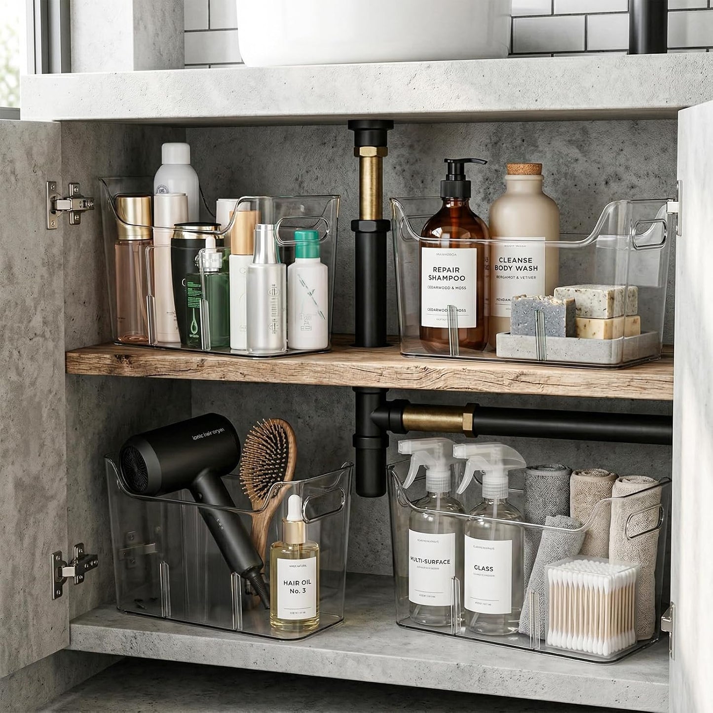 4 Pack Tall Narrow Clear Bins, Slim Pantry Freezer Organizer Bins with Removable Divider, Stackable Plastic Storage Containers with Handle for Kitchen Cabinet Closet Bathroom