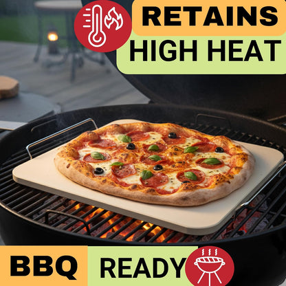 Pizza Stone for Oven and Grill Set - 5PCS Pizza Making Accessories Kit - 15 inch Pizza Stone with Handles, Pizza Peel, Pizza Cutter, Dough Tool - Baking Stone for Bread - Large Rectangular Oven Stones