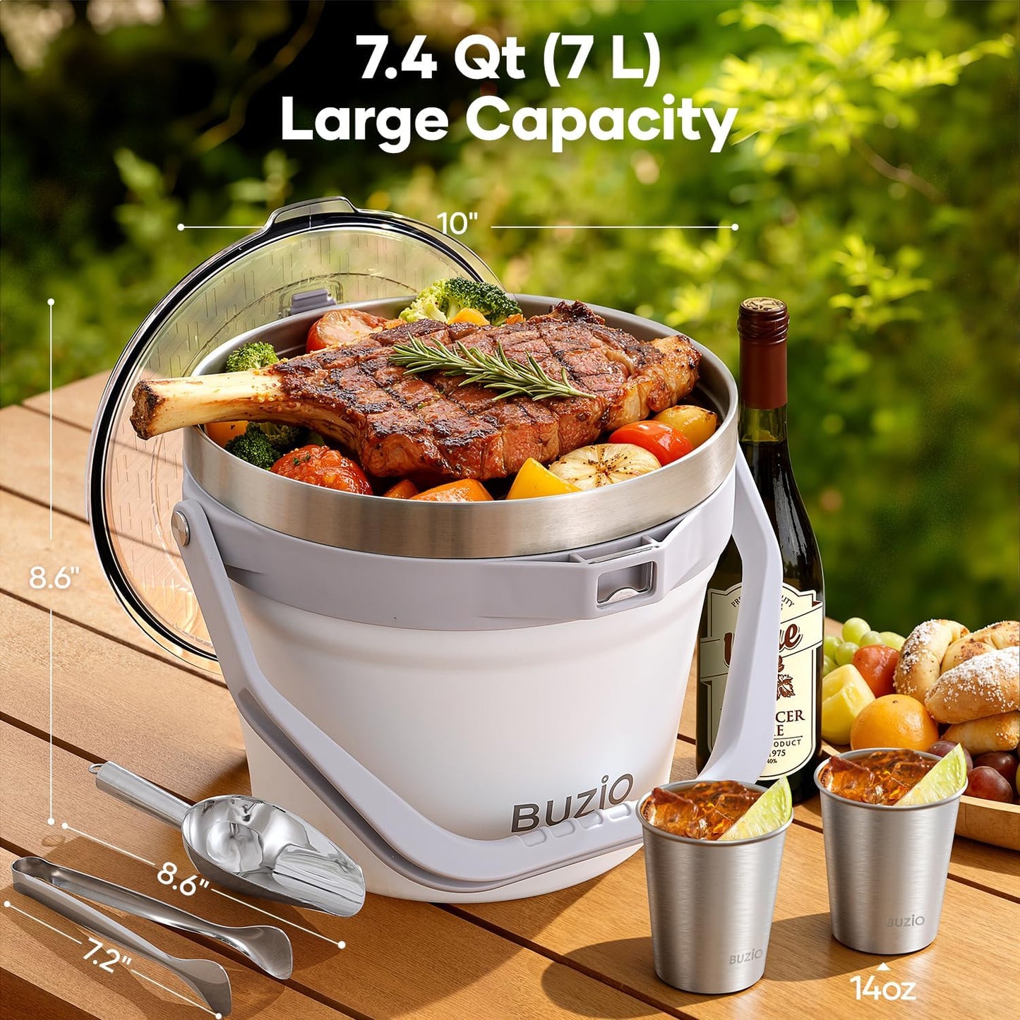 BUZIO 7.4 Qt/7 L Insulated Ice Bucket with Lid, Scoop, Tongs & Metal Cups, Double Wall Vacuum Stainless Steel Beer Bucket, Holds 6 Longnecks/3 Wine Bottles, for Parties Bar, Black
