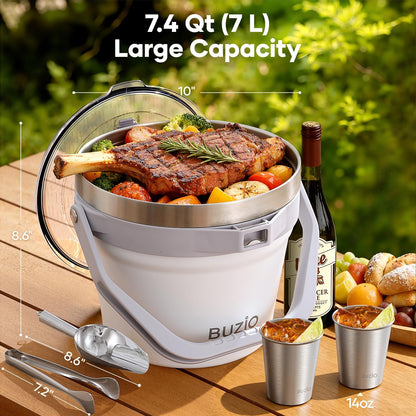 BUZIO 7.4 Qt/7 L Insulated Ice Bucket with Lid, Scoop, Tongs & Metal Cups, Double Wall Vacuum Stainless Steel Beer Bucket, Holds 6 Longnecks/3 Wine Bottles, for Parties Bar, Black
