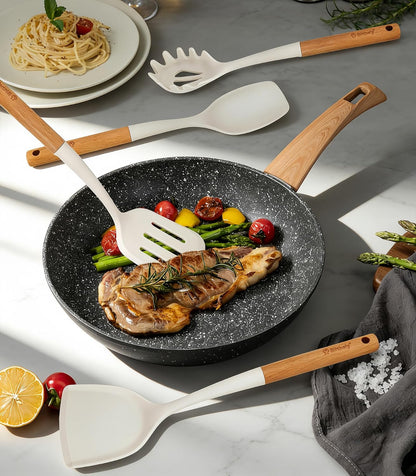 Large Silicone Kitchen Utensils Set, 6 PCS Nonstick Cooking Utensils Set with Wooden Handle, Heat Resistant and BPA Free Silicone Utensil Spatula Set for Cooking with Turner, Spoon and Ladle(Black)