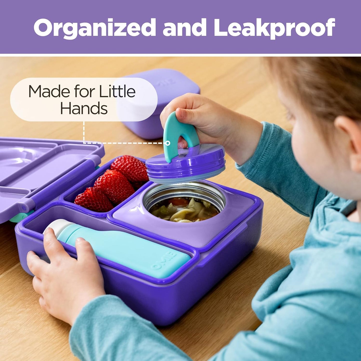 OmieBox Bento Box for Kids - Insulated Bento Lunch Box with Leak Proof Vacuum Insulated Food Jar - 3 Compartments, Two Temperature Zones (Blue Sky)