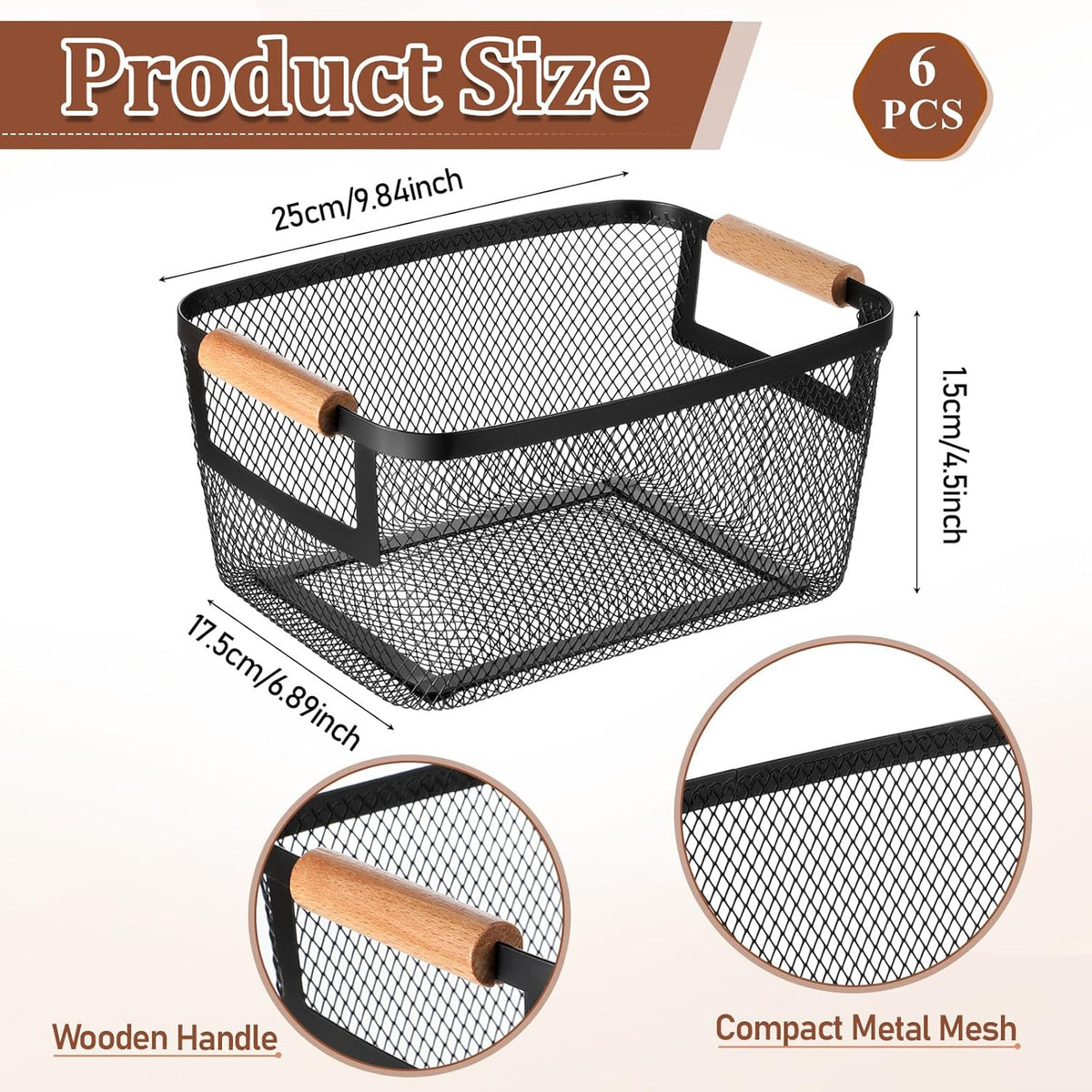 6 Pcs Metal Wire Basket with Wooden Handles, Black Mesh Steel Storage Organizer Bin Containers for Home Organizing Cabinet Pantry Closet Kitchen Fridge Fruit Makeup Snacks