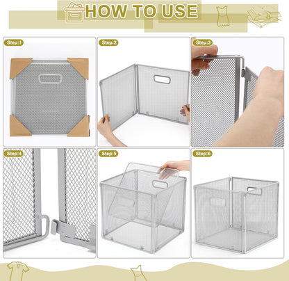 Funnymoom 2 Pcs Foldable Metal Wire Basket 13 x 13 Inch Black Cube Storage Bins Stackable Wire Laundry Baskets Organizer with Handle for Shelves Pantry Cabinet File Graduation Gift