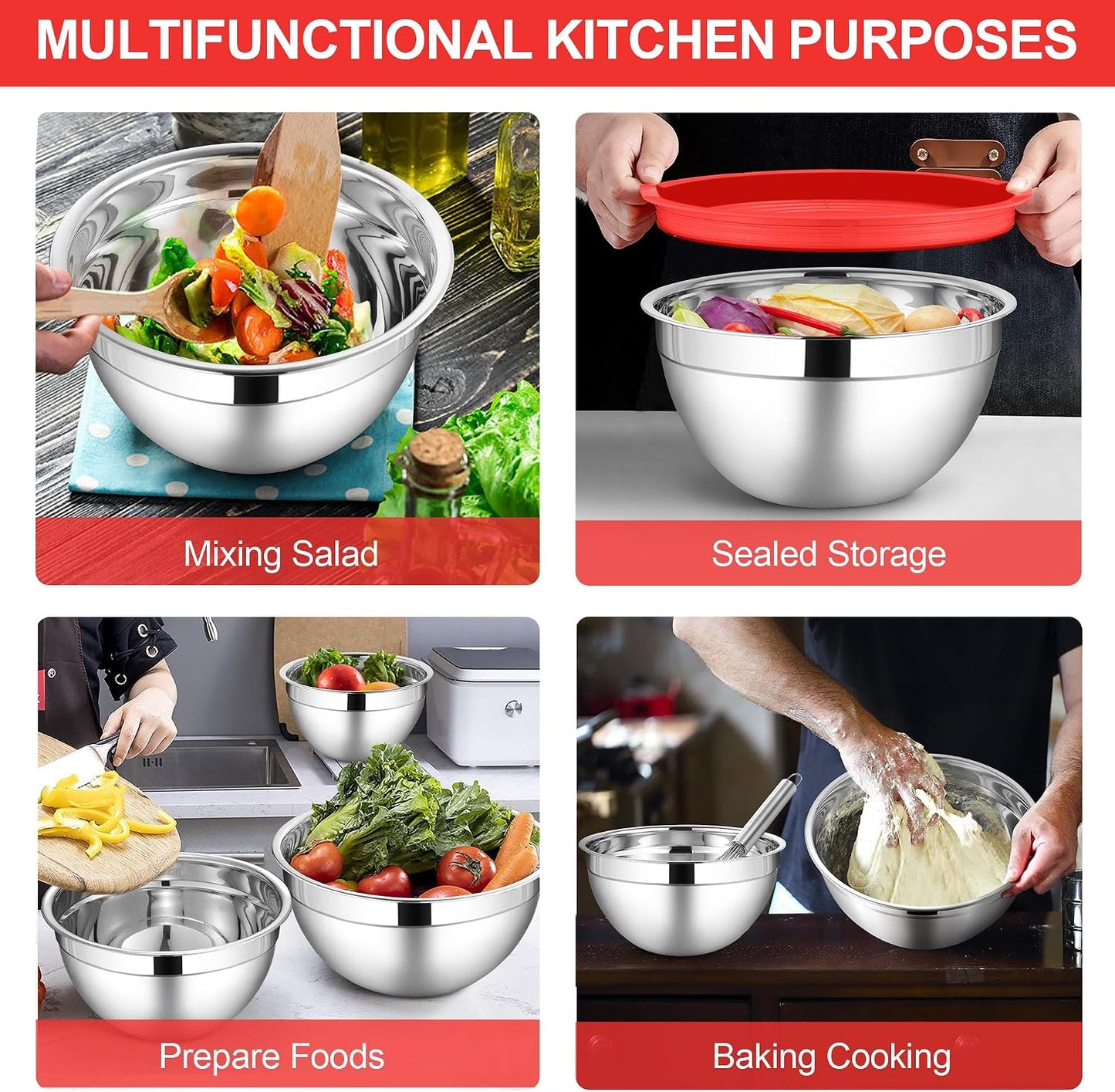 LIANYU Stainless Steel Mixing Bowls Sets of 6, Large 7, 3.5, 2.5, 2, 1.5, 1QT Size with Transparent Airtight Lids, Metal Nesting Serving Bowl Sets for Home Kitchen, Dishwasher & Freezer Safe, Black