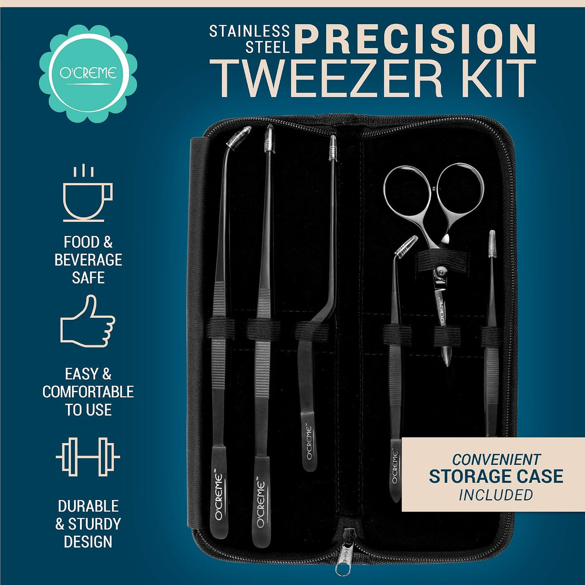 O'Creme Set of Culinary Tweezer Tongs Offset, Straight and Curved, Plus Super Sharp Chef Scissors, Total 6 Pieces (Rose Gold)