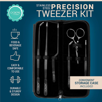 O'Creme Set of Culinary Tweezer Tongs Offset, Straight and Curved, Plus Super Sharp Chef Scissors, Total 6 Pieces (Rose Gold)