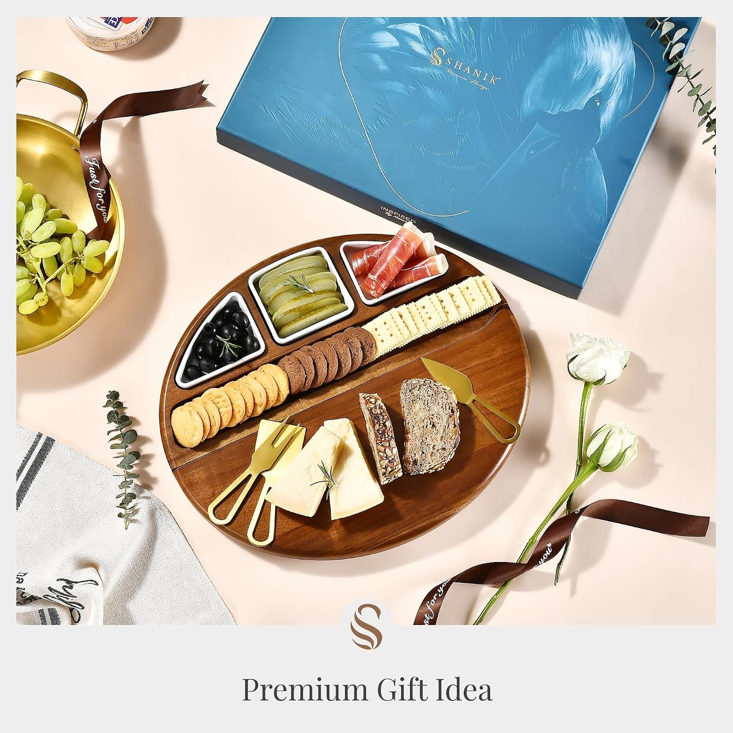 Shanik Acacia Wood Lazy Susan Cheese Board Set – Rotating Charcuterie Platter, Elegant Serving Tray for Appetizers, Snacks, Parties & Weddings