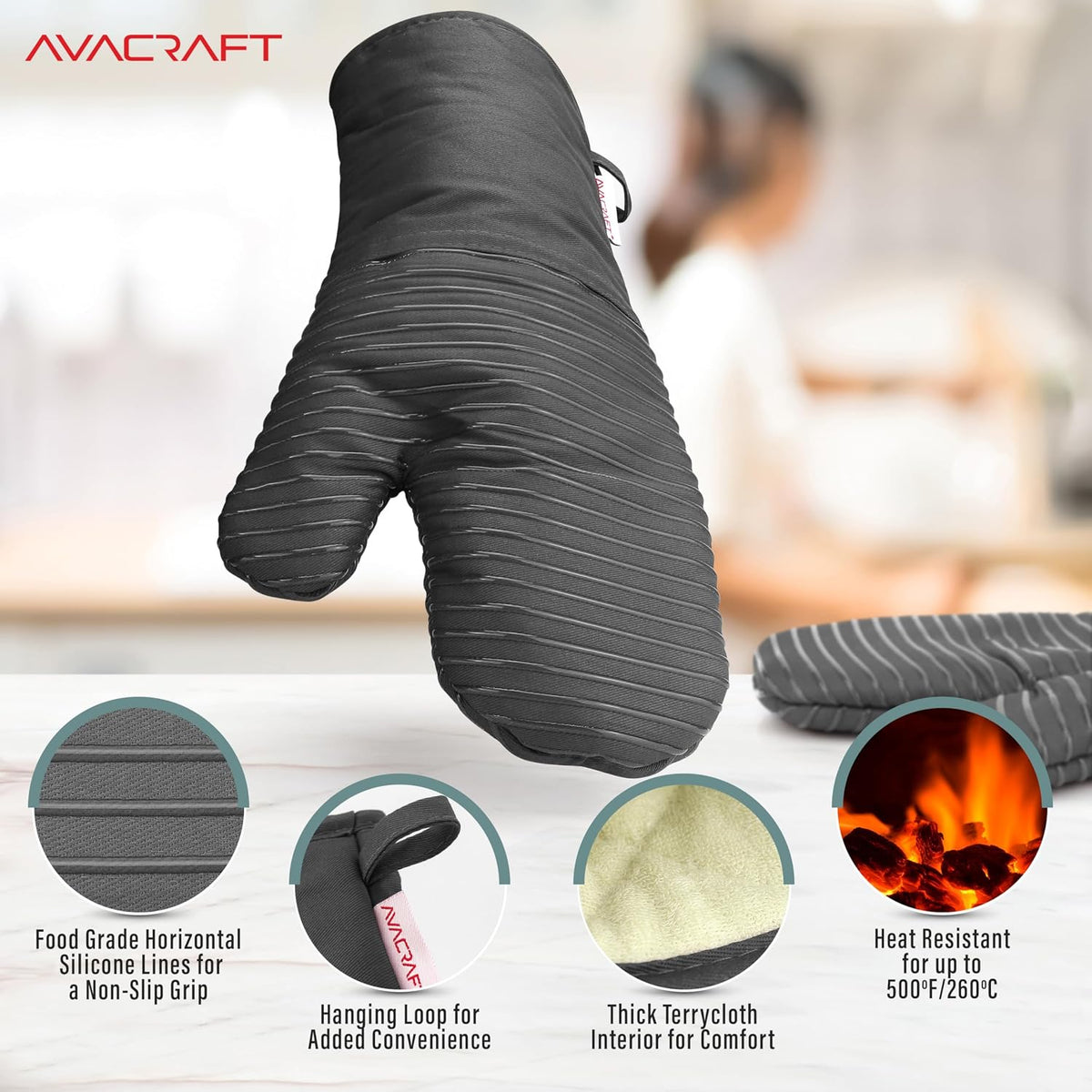 AVACRAFT Oven Mitts Pair, Flexible, 100% Cotton with Unique Heat Resistant Food Grade Silicone, Thick Terry Cloth Interior, 500 F Heat Resistant (Red Oven Mitts)