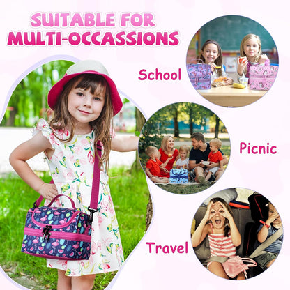 Lunch Bag for Girls,ChaseChic Insulated Lightweight Lunch Boxes for Kids Boys Dual Compartment Lunch Organizer Leak-Proof Cooler Bag with Detachable Adjustable Shoulder Strap,Purple Butterflies