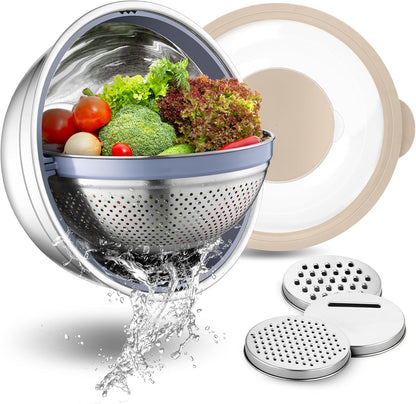 P&P CHEF 4-In-1 Stainless Steel Colander with Bowl Set, Rotatable Strainers for Kitchen, Fruit Cleaner, Washing Fruit & Draining Pasta, Mixing Bowl and Lid with Grater for Salad, Black