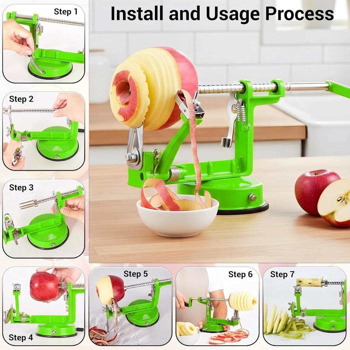 Apple Peeler Corer Slicer All in One – Apple Peeler Slicer Corer with Stainless Steel Blades, Multi-Function Apple Potato Peeler (Green Apple Peeler)