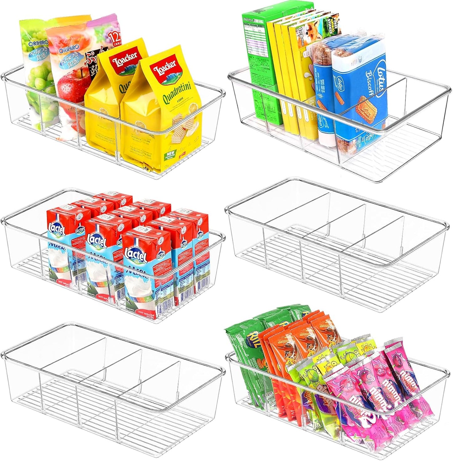 ZIZOTI Snack Organizer for Pantry Shelf, 4 Pack Clear Plastic Pantry Storage Bins with 3 Dividers for Snacks, Spices, Chips Food Organizer, Stackable Pantry Organizers for Kitchen, Fridge, Cabinet