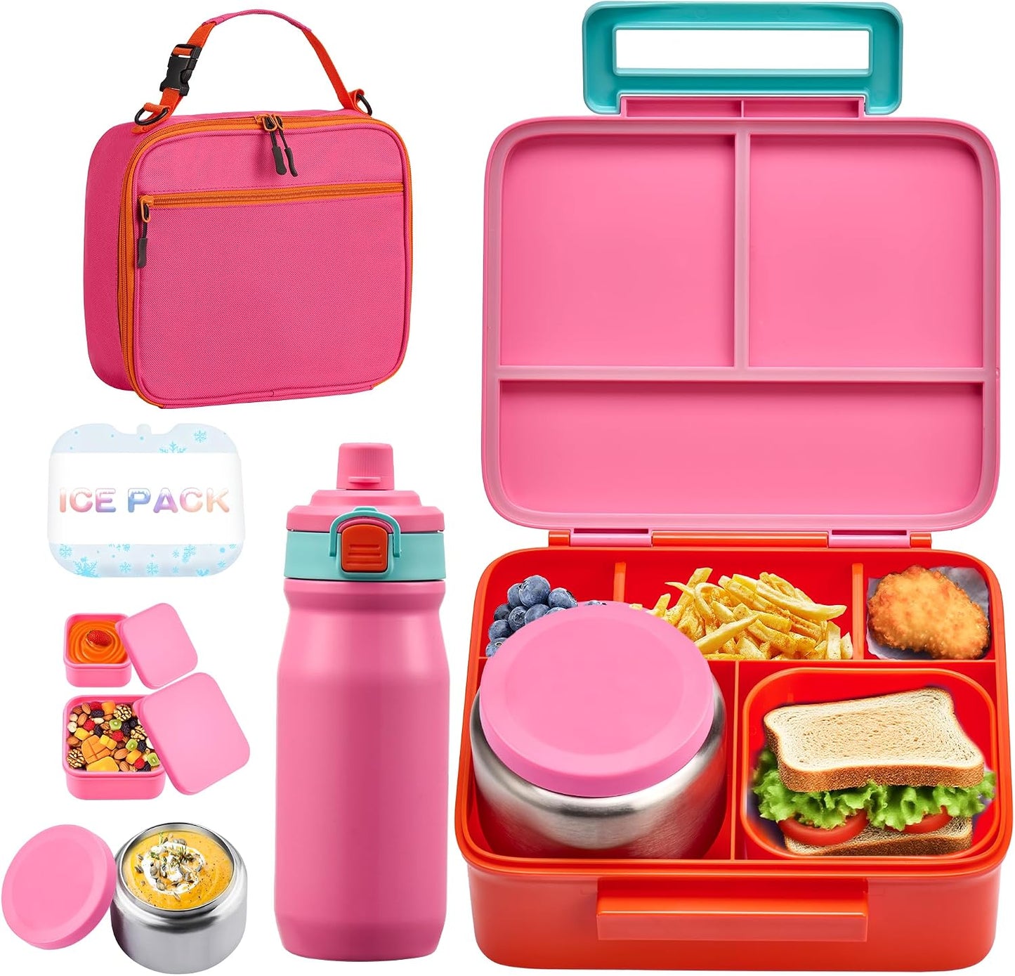 Bento Lunch Box for Kids with 8oz Soup Thermo, Leak-proof Lunch Food Containers with 5 Compartment, Insulated Lunch Bag & 17oz Stainless Steel Water Bottle for School, Trvael
