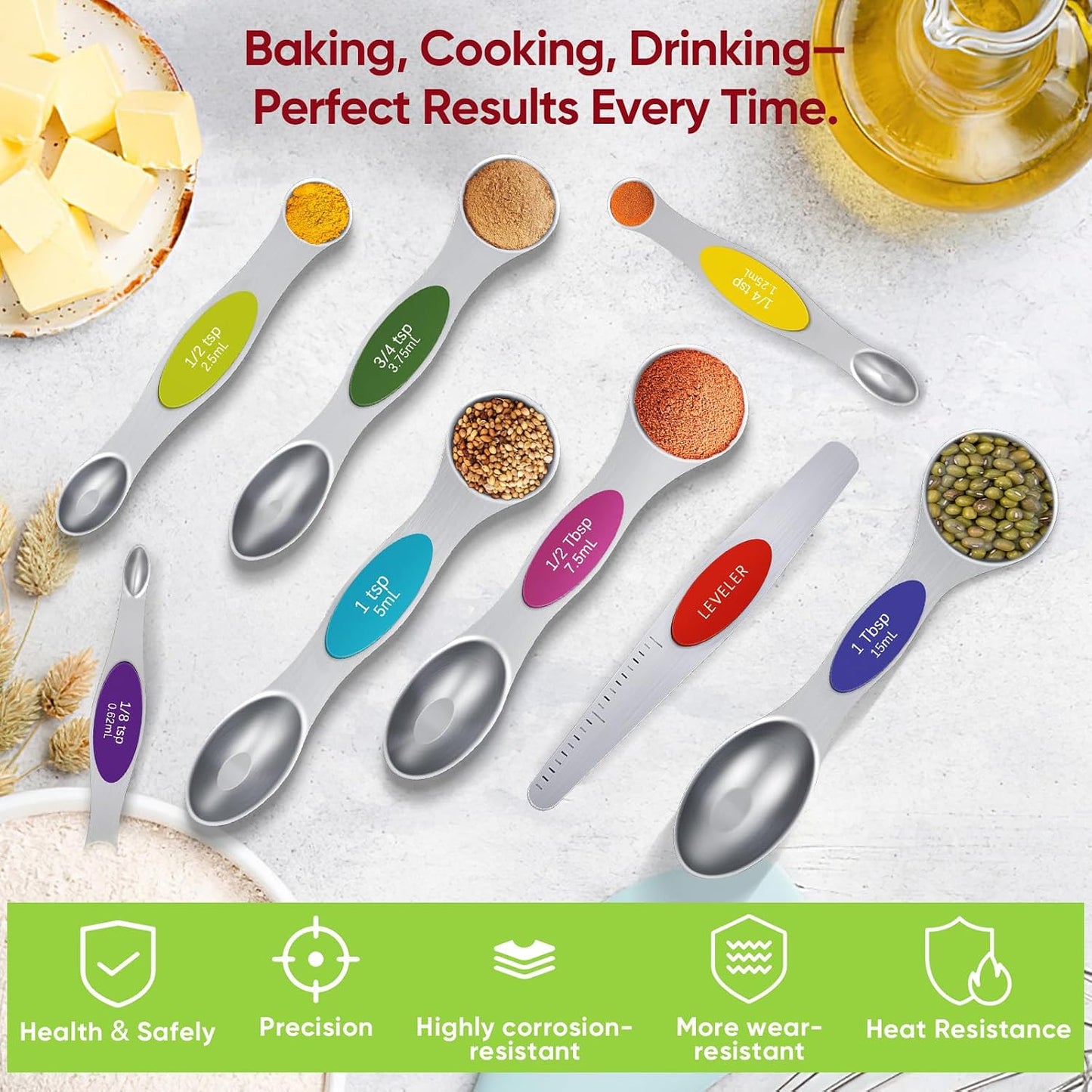 Magnetic Measuring Cups and Spoons Set, Strong N52 Magnets, Heavy Duty 304 Stainless Steel Fits in Spice Jars for Baking & Cooking, BPA Free, Round Set of 15 with Leveler Black