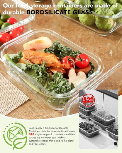 5-Pack Borosilicate Glass Containers with Tempered Glass Lids, 35.2oz/4.4 Cup Airtight Meal Prep Set, Microwave/Freezer Safe (Gray)