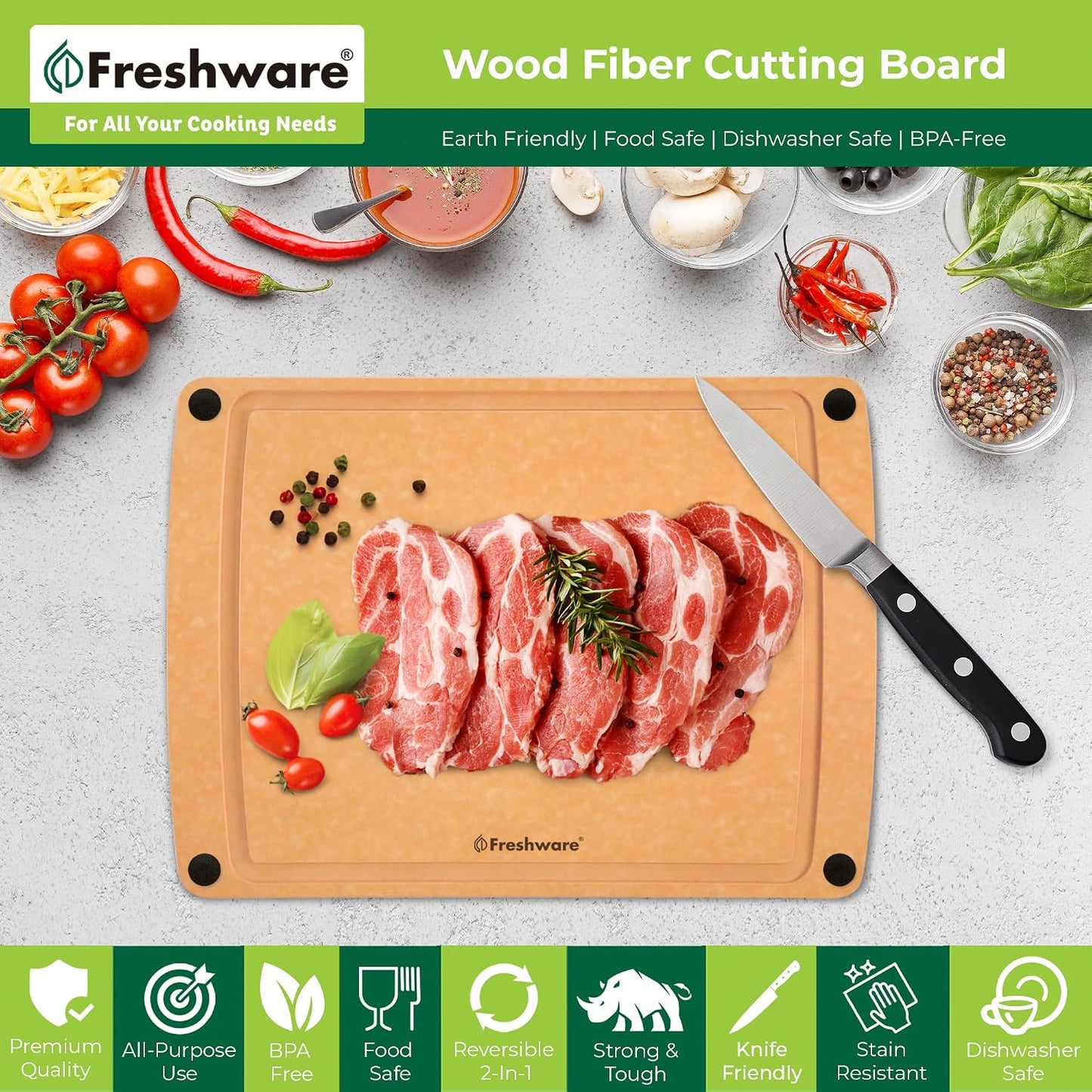 Freshware Wood Cutting Boards for Kitchen, Juice Groove, Non-Slip Silicone Feet, Dishwasher Safe, Medium 12" x 9" and Large, 15" x 11.25", Set of 2, Natural