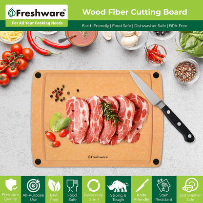 Freshware Wood Cutting Boards for Kitchen, Juice Groove, Non-Slip Silicone Feet, Dishwasher Safe, Medium 12" x 9" and Large, 15" x 11.25", Set of 2, Natural