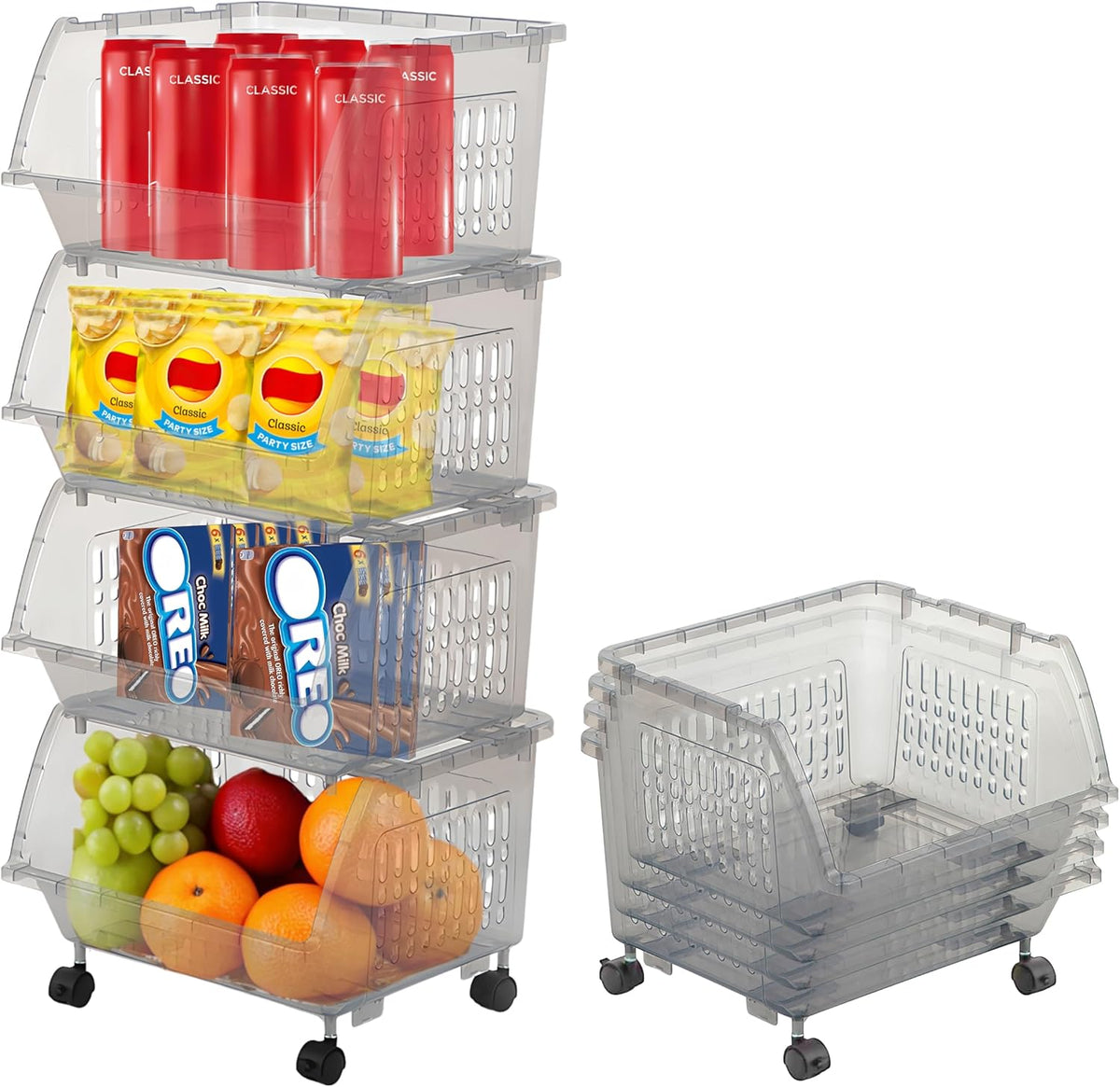 Large Stackable Storage Bins Open Front with Wheels, 4 Pack - Clear | Easy Assembly, Sturdy Plastic, Open Front Access, Smooth Rolling Wheels, Stackable, Large Capacity Storage