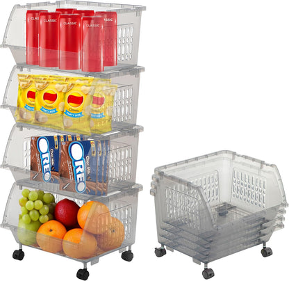 Large Stackable Storage Bins Open Front with Wheels, 4 Pack - Clear | Easy Assembly, Sturdy Plastic, Open Front Access, Smooth Rolling Wheels, Stackable, Large Capacity Storage