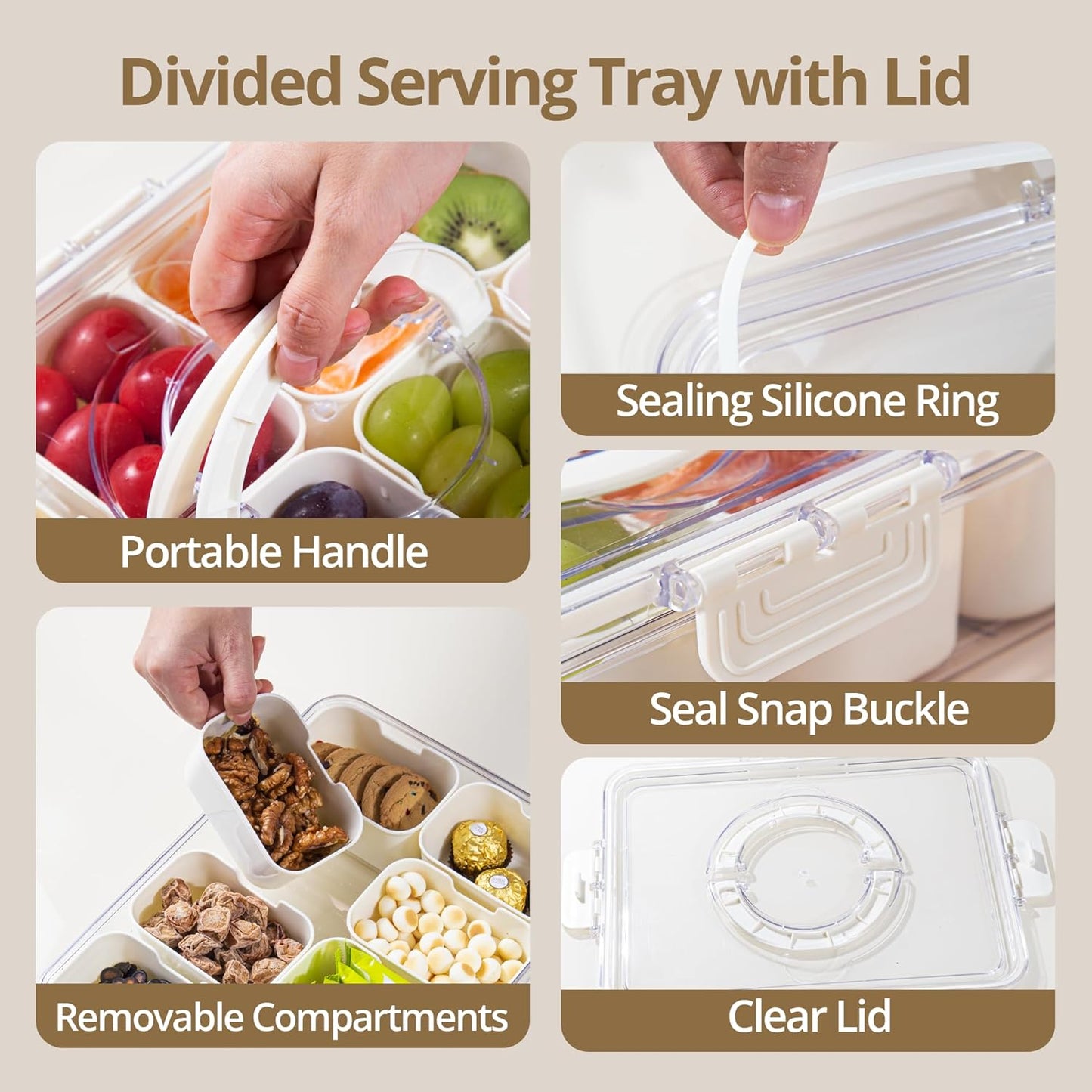 2 Pack Snackle Box Container with 8 Compartments, Clear Divided Serving Tray with Lid and Handle, Snack Bento Box for Charcuterie, Candy, Fruits, Nuts, Picnic, Travel, Beige