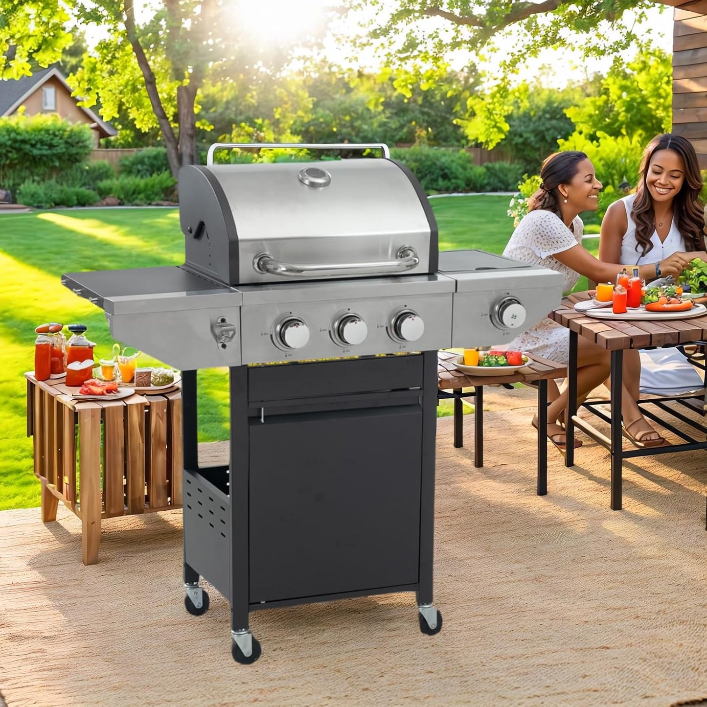 4 Burner Outdoor Propane Gas Grill with Side Burner & Thermometer, Stainless Steel Barbecue Grill with Wheels for Patio BBQ Cooking, Camping