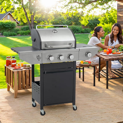 4 Burner Outdoor Propane Gas Grill with Side Burner & Thermometer, Stainless Steel Barbecue Grill with Wheels for Patio BBQ Cooking, Camping